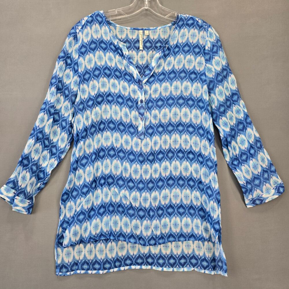 Grand Greene Blue Stripe Shirt Sheer Tunic Blouse Roll Tab Sleeves Womens Size M